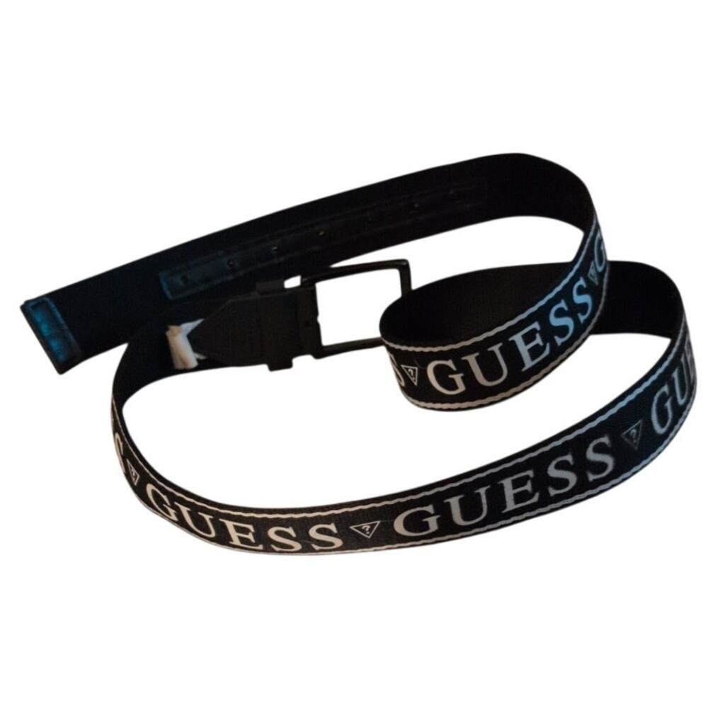 GUESS Sport Men's Adjustable Webbing Belt - Black Logo Print - Size Large